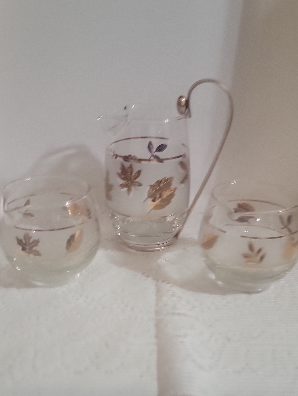 Vintage Libbey  Glass Pitcher and Creamers with Gold Leaf Motif